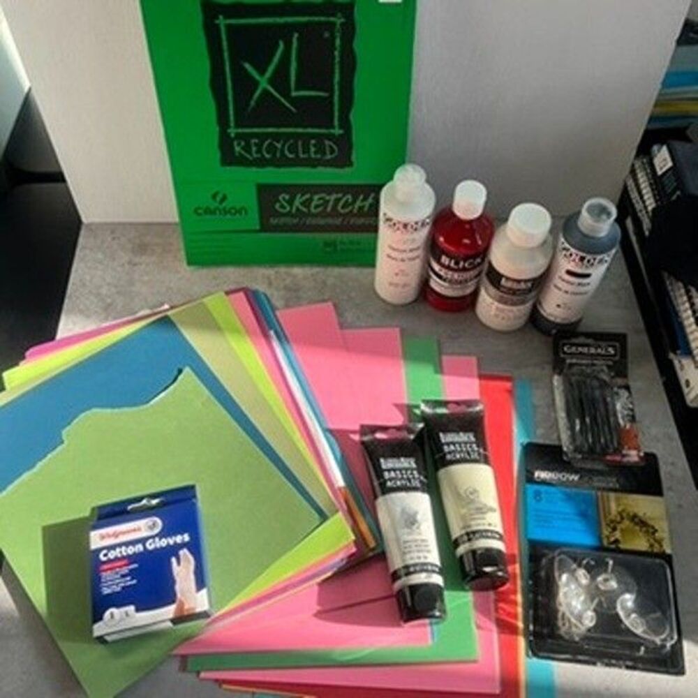 Mixed Media Art Supplies Acrylic Paints, Sketchpad, Gloves, Cards, Studio Tools